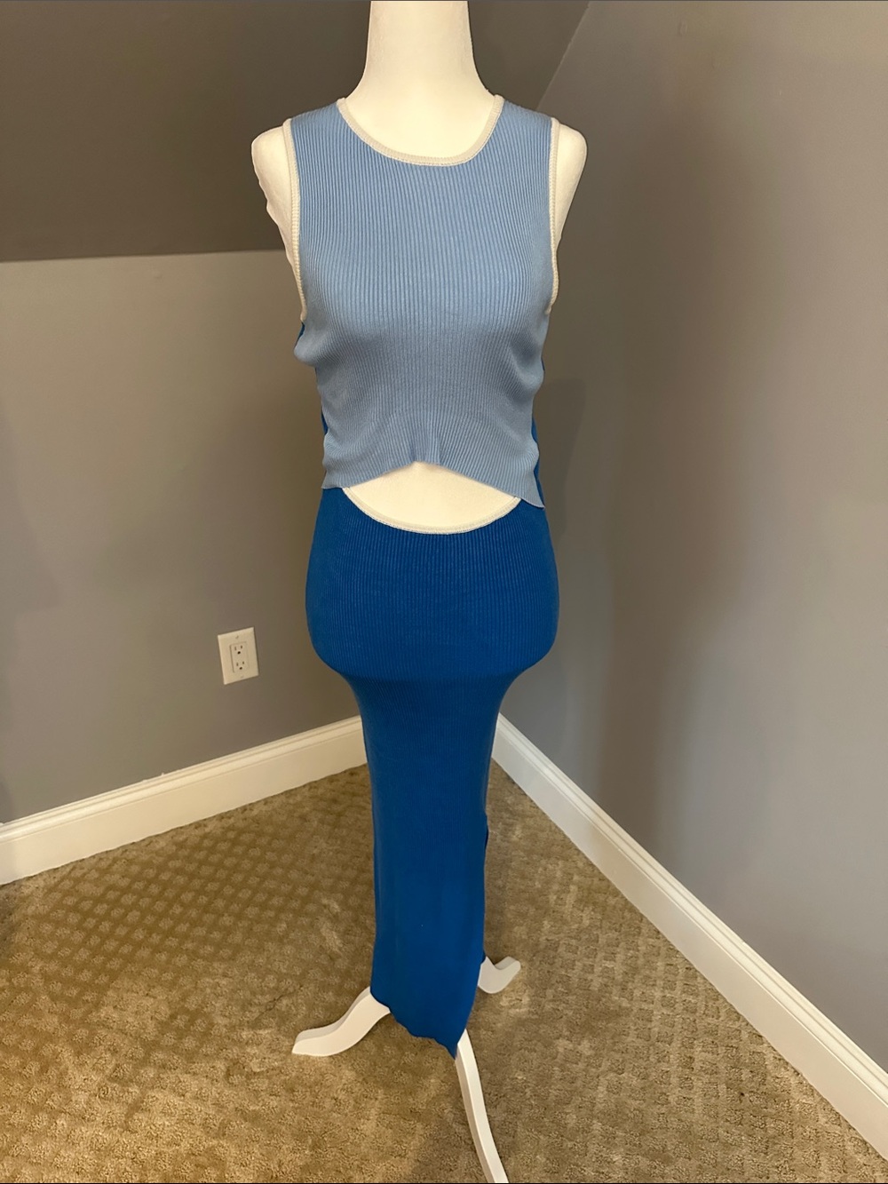 Blue Ribbed Cutout Maxi Skirt